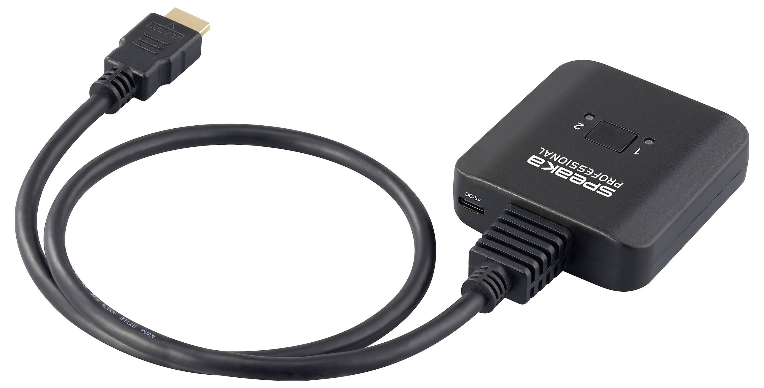 Een zwarte HDMI-splitter met twee aansluitingen en een USB-C-aansluiting. Het apparaat heeft het logo 'Gembird' gedrukt.