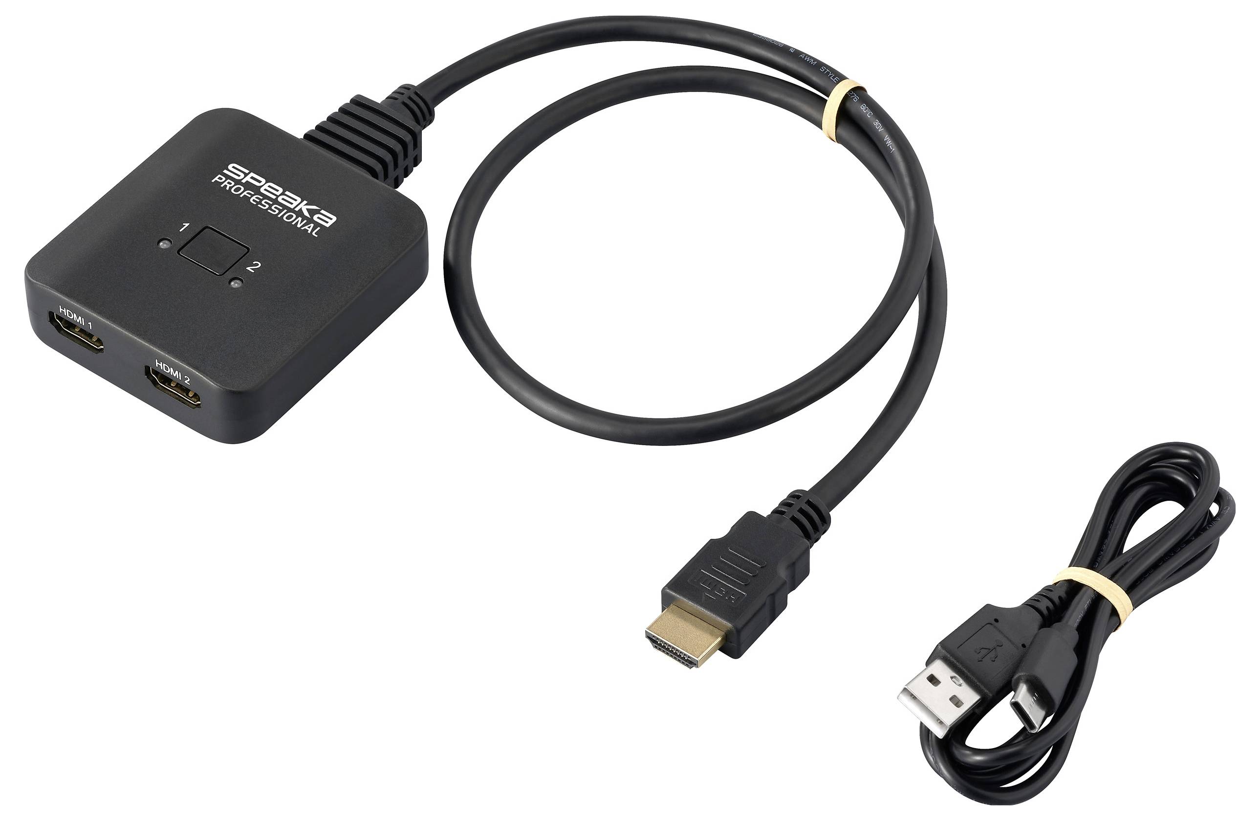 HDMI-switcher met twee ingangen en één uitgang, inclusief USB-kabel voor stroomvoorziening.