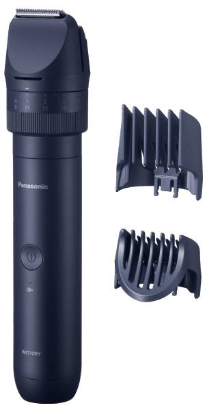 Zwarte elektrische trimmer van Panasonic met twee opzetstukken, geschikt voor nat en droog scheren.