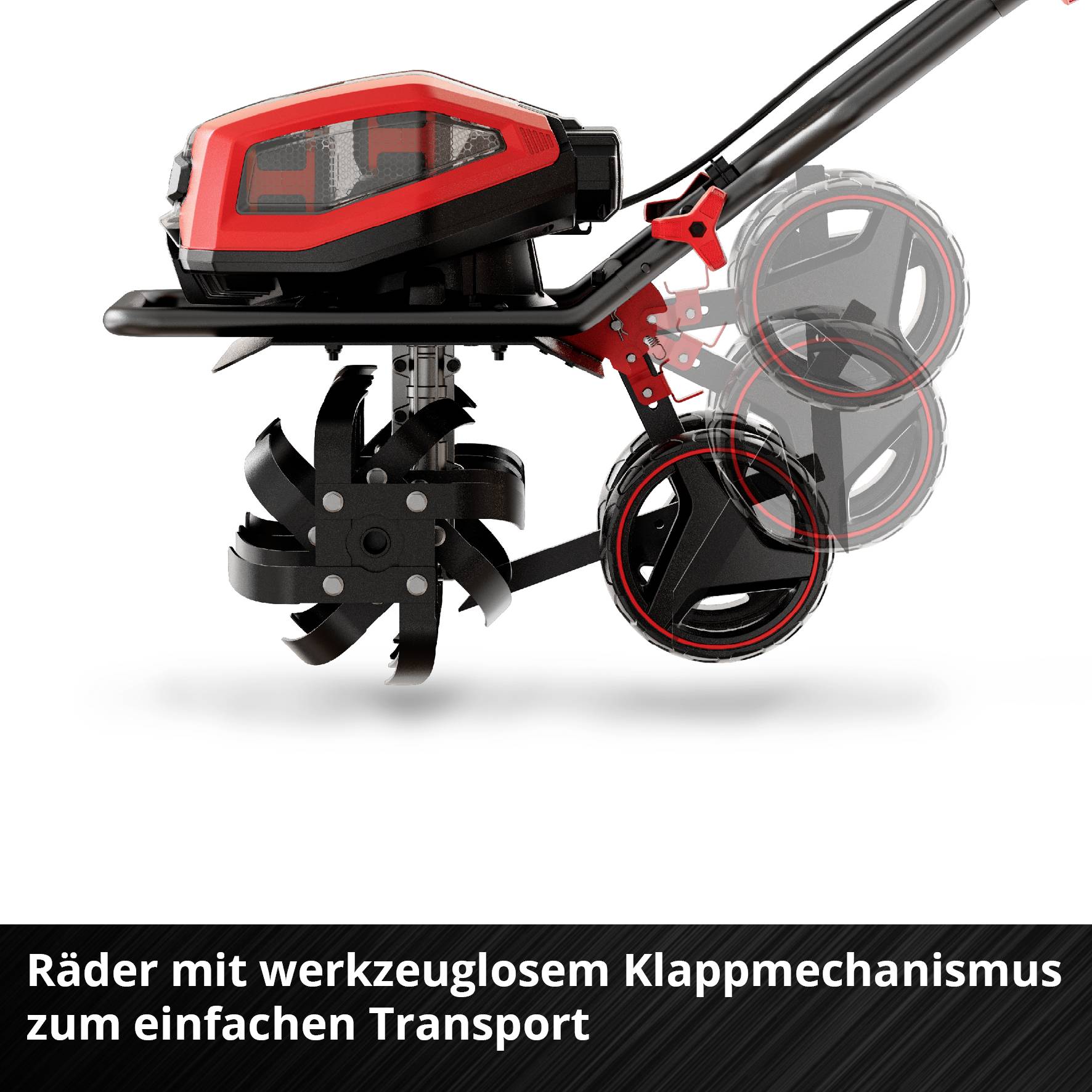 Grasmaaier met rood-zwart design, toont opvouwmechanisme van de wielen voor eenvoudige transporteerbaarheid. Tekst: 'Wielen met gereedschapsvrij opvouwmechanisme'.