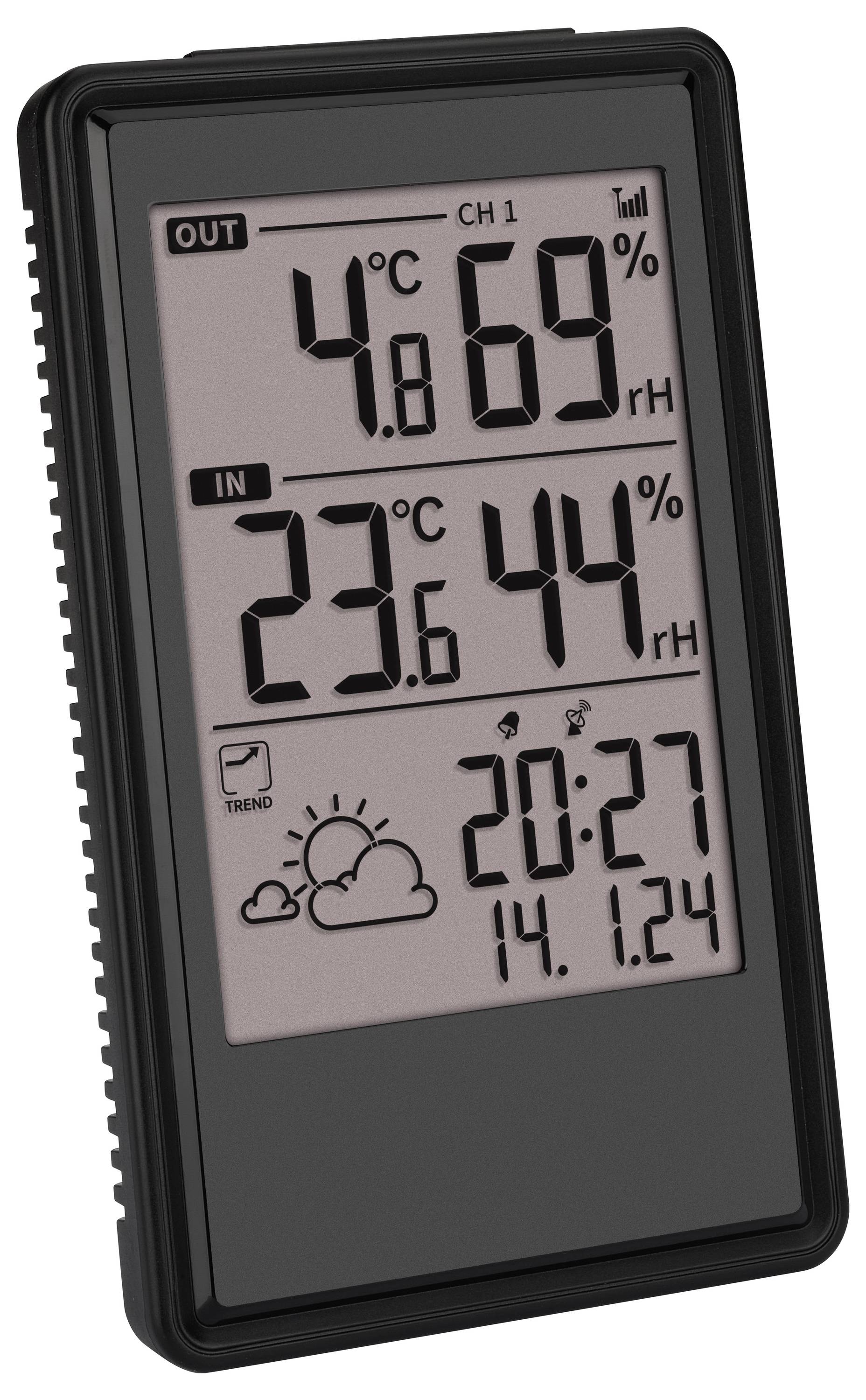 Een digitale thermometer toont Buiten: 4°C, 69% luchtvochtigheid. Binnen: 23.6°C, 44% luchtvochtigheid. Tijd 20:27, datum 14.01.24.