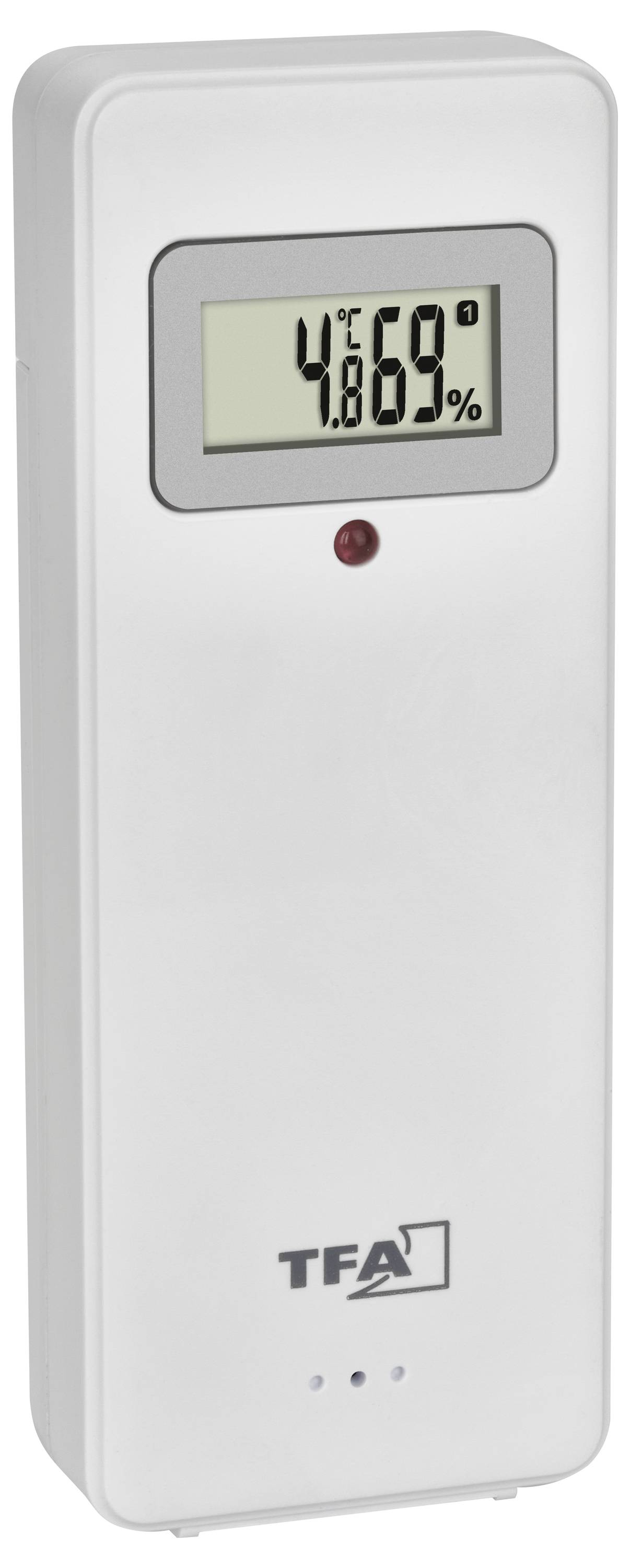 Digitale thermometer-hygrometer met beeldschermaanduiding. Toont 4°C en 69% luchtvochtigheid. Merklogo onderaan.