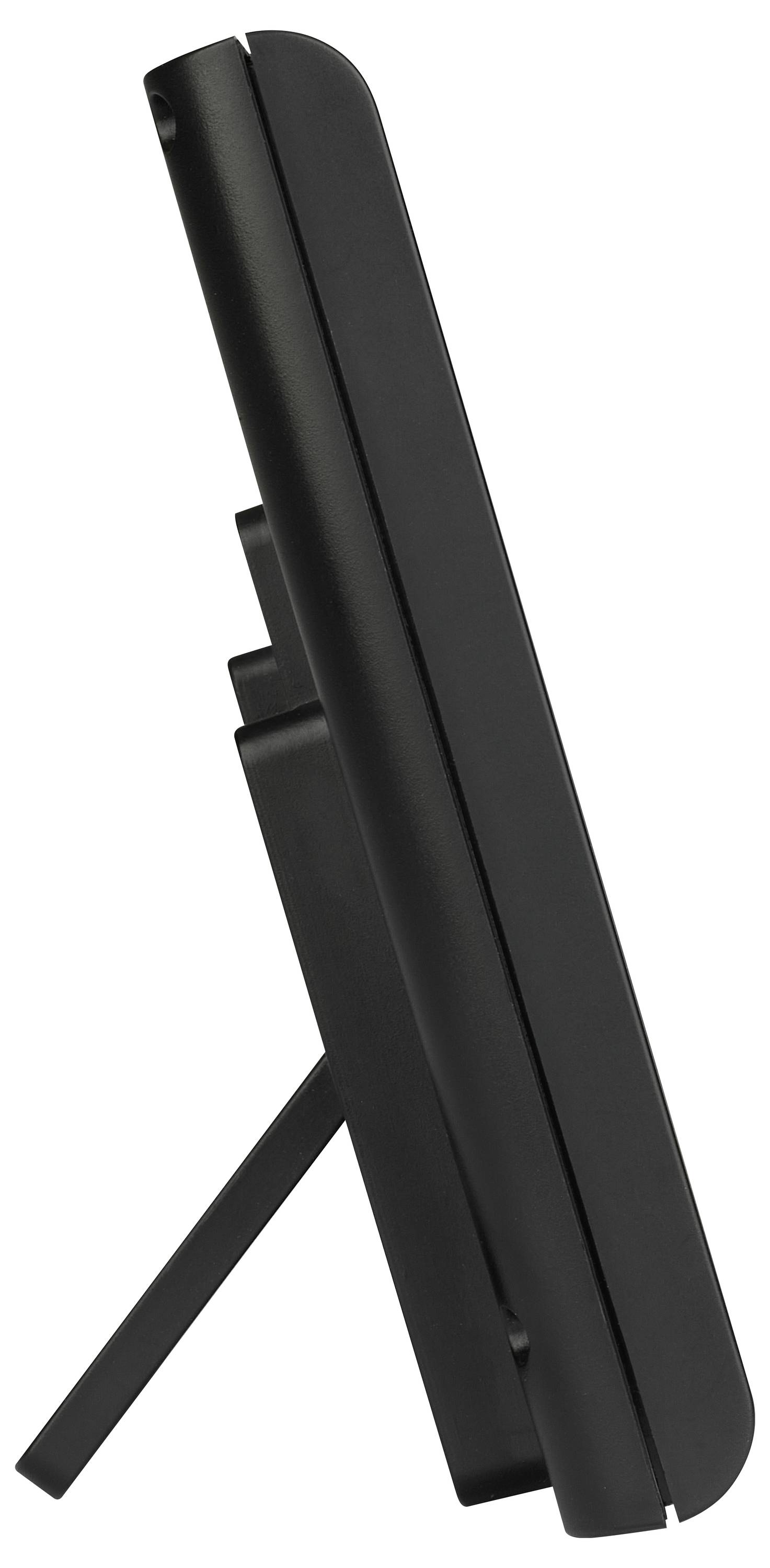 Zijaanzicht van een zwarte digitale fotolijst met een eenvoudige standaard.