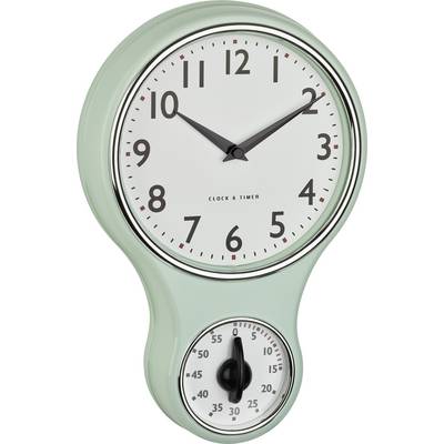 Een muntgroene wandklok met een klassiek wijzerplaat bovenaan en een geïntegreerde timer onderaan.