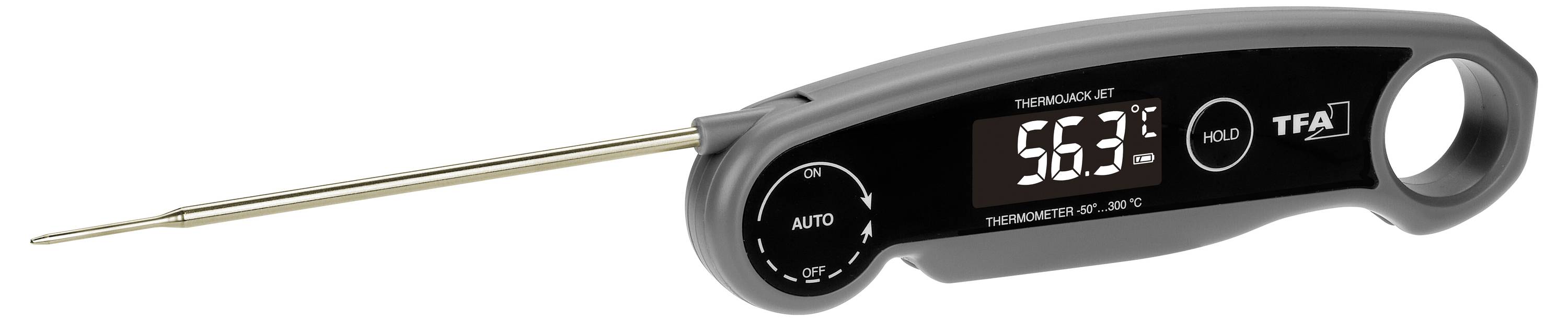 Digitale keukenthermometer geeft 56,3 graden Celsius aan.