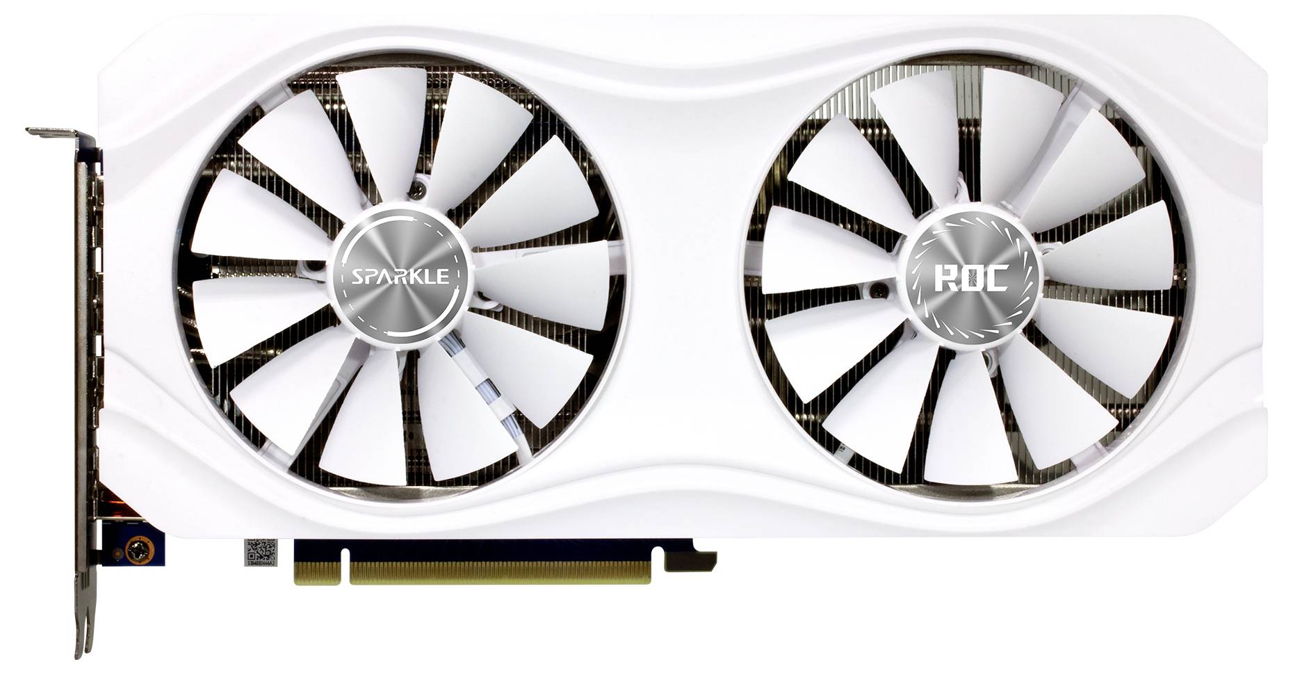 Een witte grafische kaart met twee grote ventilatoren en de opschriften 'SPARKLE' en 'PROC' op de ventilatoren.