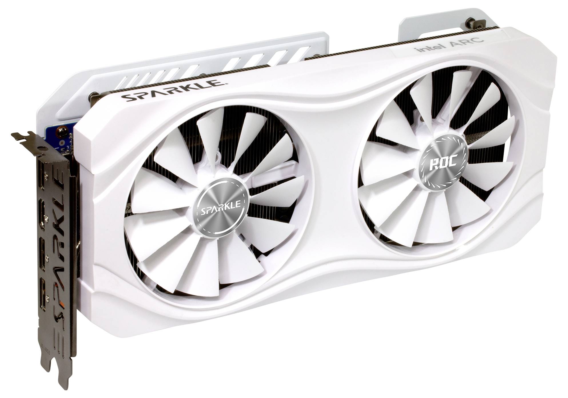 Witte videokaart met twee ventilatoren, zijdelingse opdruk 'SPARKLE'.