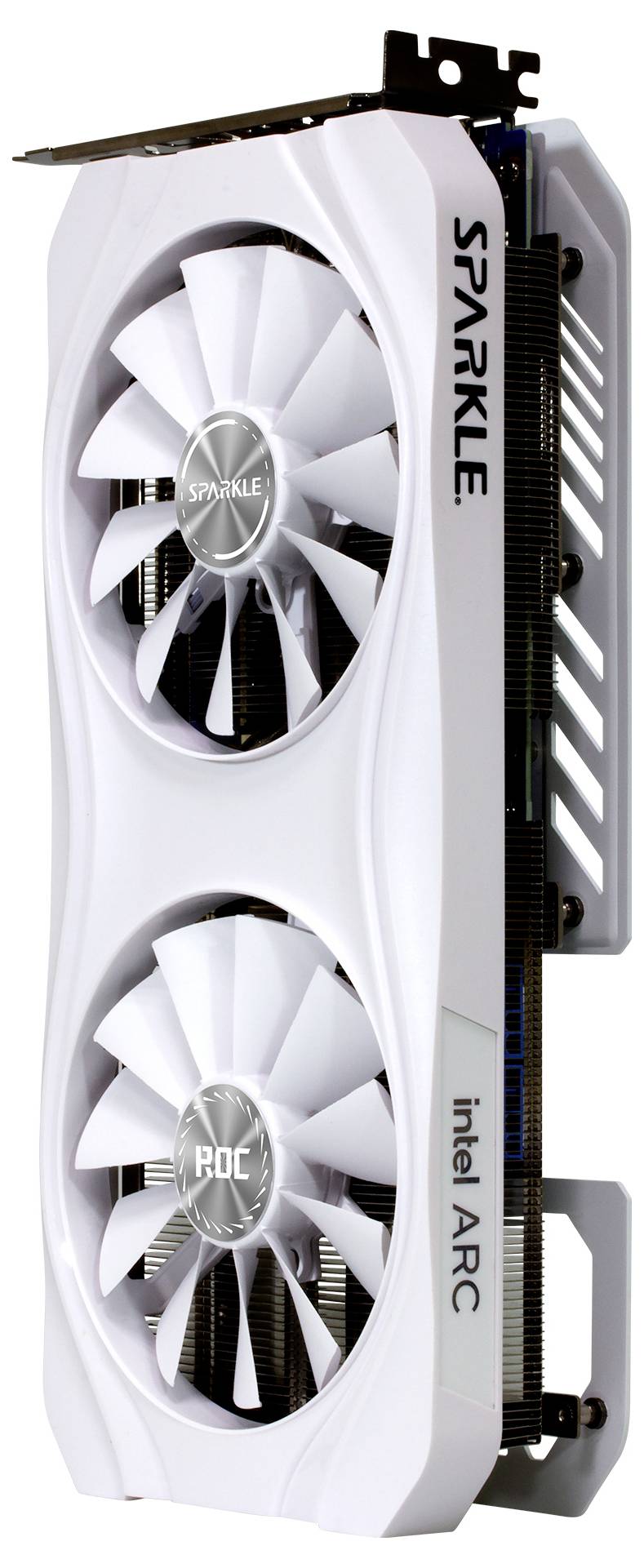 Een witte grafische kaart met twee ventilatoren en het opschrift 'SPARKLE' en 'Intel ARC' aan de zijkant.