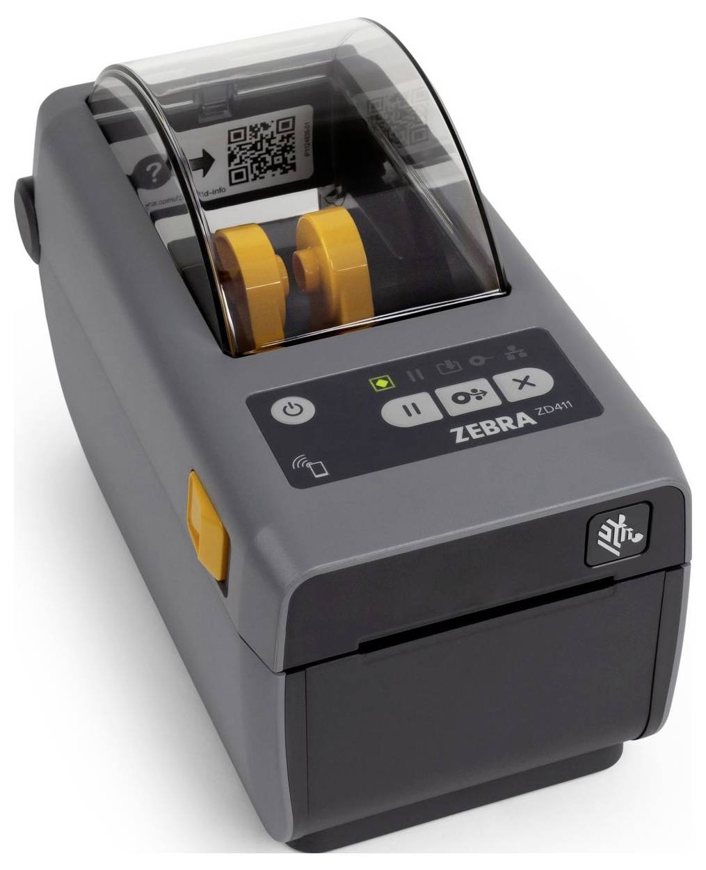 Een grijze etikettenprinter met een zwart bedieningspaneel, draaiknop en oranje details. Een QR-code is zichtbaar in het printgebied.