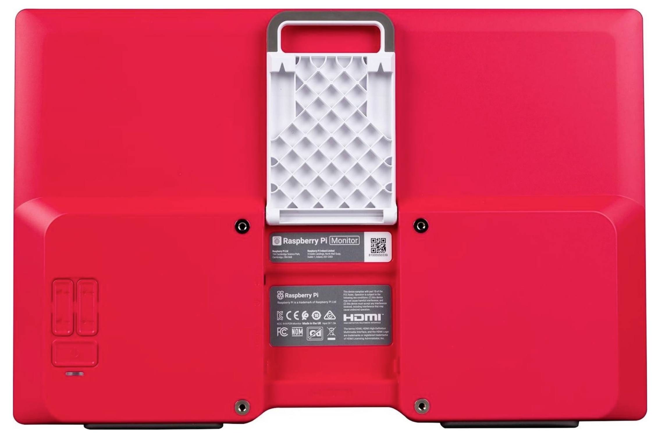 Achterkant van een rood apparaat met Raspberry Pi-logo, HDMI-poorten en grote ventilatiesleuven.