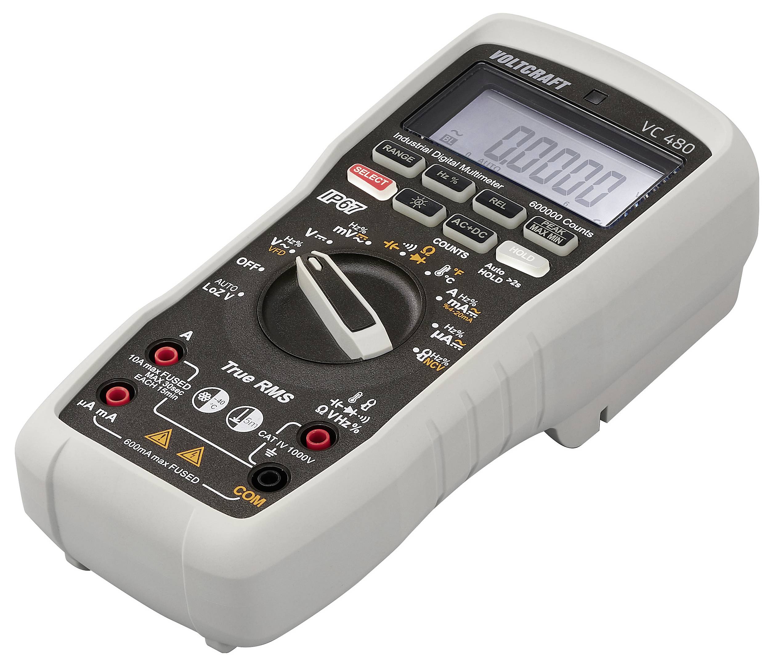 Digitale multimeter met display, meerdere knoppen en aansluitingen voor het meten van spanning en elektrische parameters.