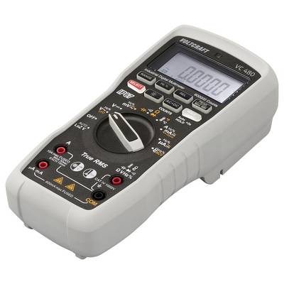 Digitale multimeter met display, meerdere knoppen en aansluitingen voor het meten van spanning en elektrische parameters.