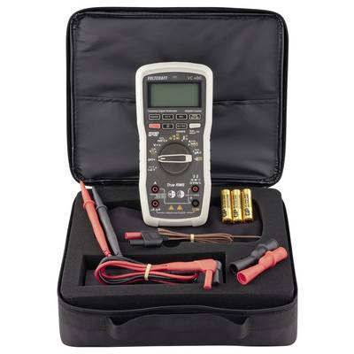 Digitale multimeter met kabels, batterijen en opbergtas, geschikt voor metingen in elektronica en elektrotechniek.