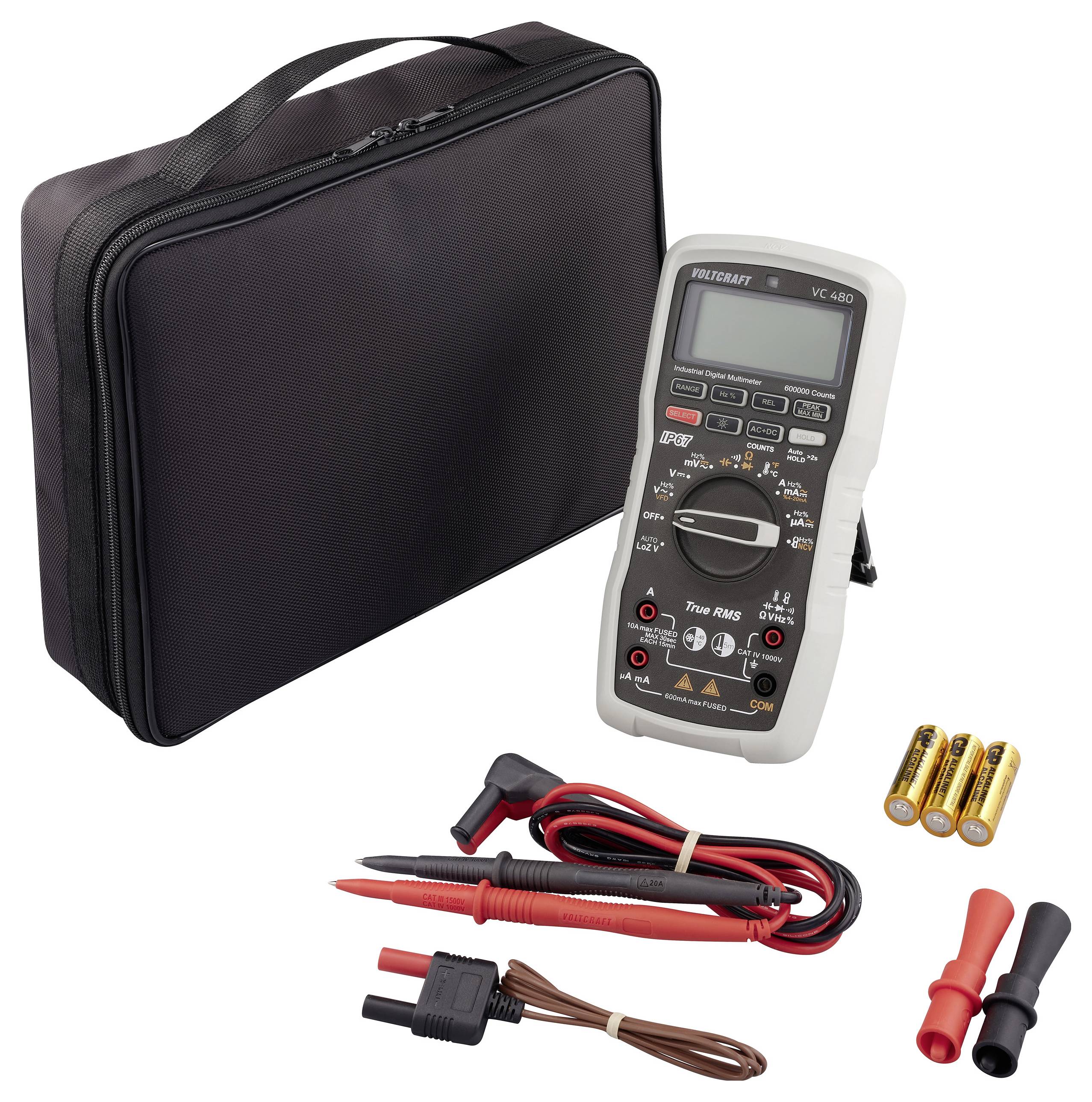 Digitaal multimeter-set bestaande uit een multimeter, meetkabels, batterijen en een draagtas, geschikt voor elektrische metingen.