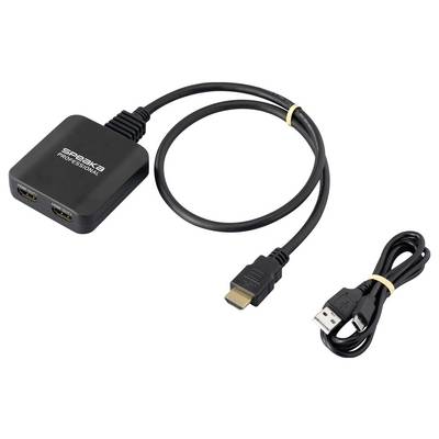 'HDMI-splitter met twee uitgangen en USB-voedingskabel, voor gelijktijdige weergave van een HDMI-signaal op twee schermen.'