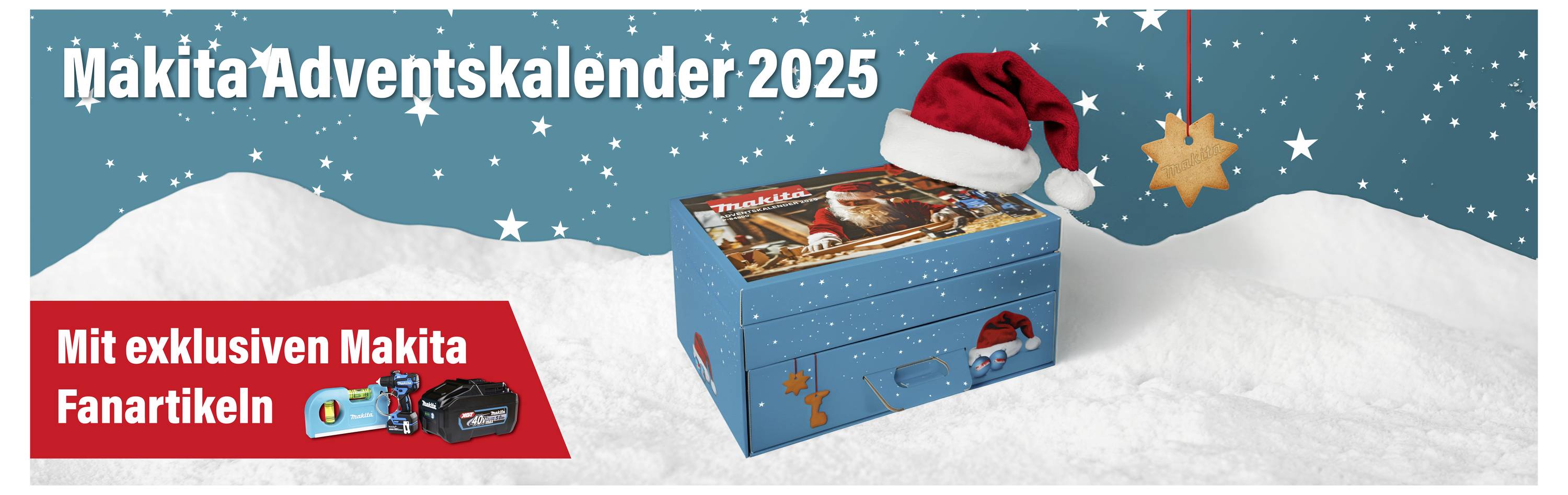 'Makita Adventskalender 2025' doos met kerstmanmuts op besneeuwde achtergrond en ster. Tekst luidt 'Met exclusieve Makita fanartikelen'.