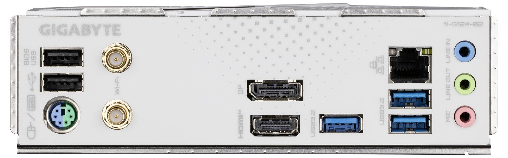 Achterkant van een moederbord met verschillende aansluitingen: USB, HDMI, netwerk- en audio-aansluitingen. Tekst 'GIGABYTE' zichtbaar.