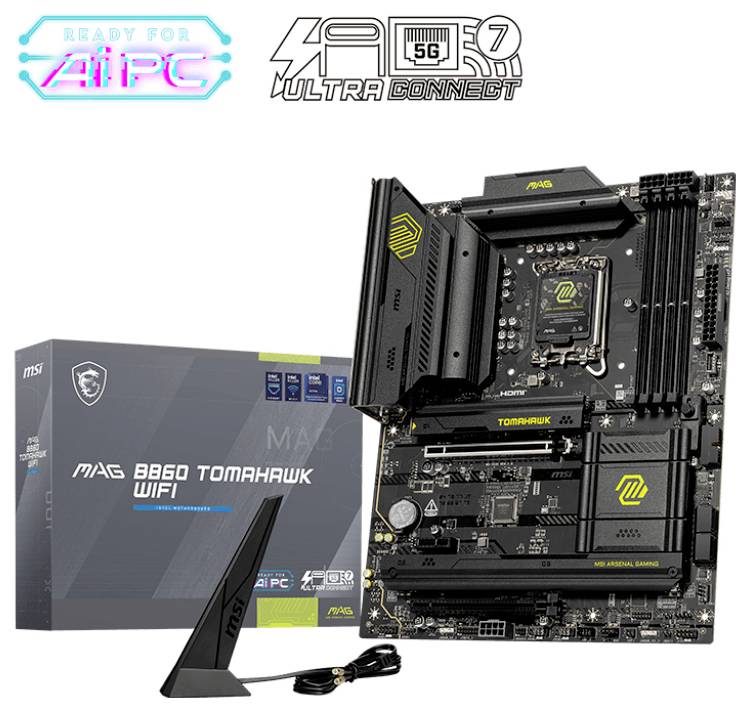 Moederbord MSI MAG B660 Tomahawk WiFi, toont het ontwerp en de aansluitingen. Inclusief de productverpakking en een antenne.
