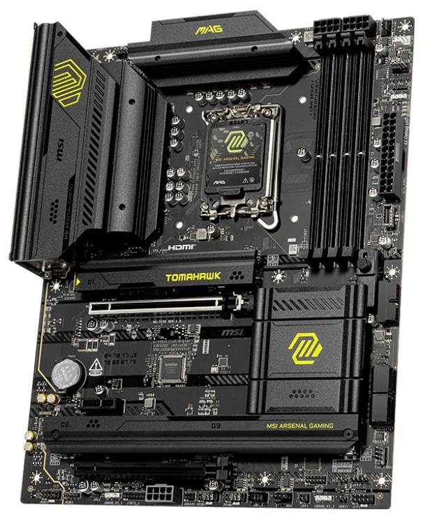 'MSI MAG Tomahawk Moederbord met zwart design en gele accenten. Biedt meerdere uitbreidingsslots en aansluitingsmogelijkheden, geschikt voor gaming-pc-builds.'