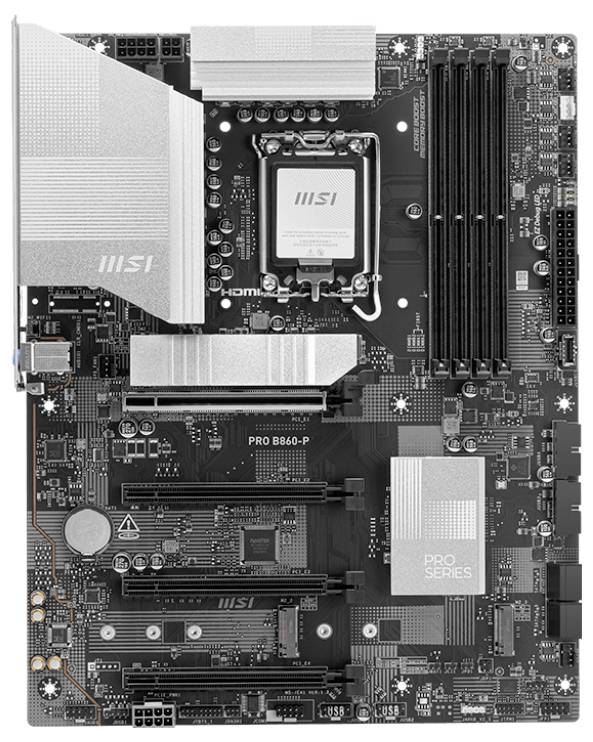 Zwart-grijs MSI-moederbord met PCIe-sleuven, RAM-slots en CPU-socket. Geschikt voor gaming en professionele toepassingen.
