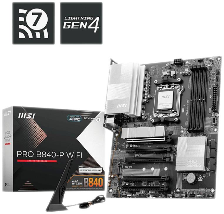 'MSI PRO B840-P WIFI' Moederbord met verpakking. Uitgelichte kenmerken: 'Lightning Gen 4' en WiFi 6 ondersteuning.
