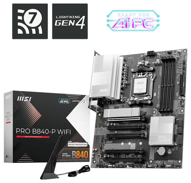 MSI PRO B840-P WIFI Moederbord met doos en antenne. Functies: 'Lightning Gen 4', 'Gereed voor Windows 7' en 'AIPC'.