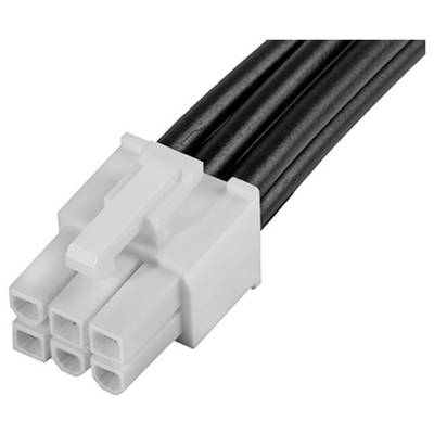 Close-up van een witte, zespolige stekker met zwarte kabels, geschikt voor elektronische apparaten.