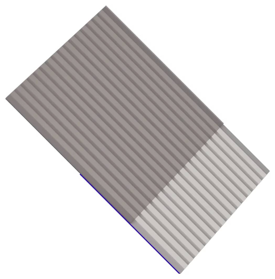 Diagonaal georiënteerd rechthoekig object met geribbelde strepen, met een donkerder bovengedeelte en lichter ondergedeelte op een witte achtergrond.