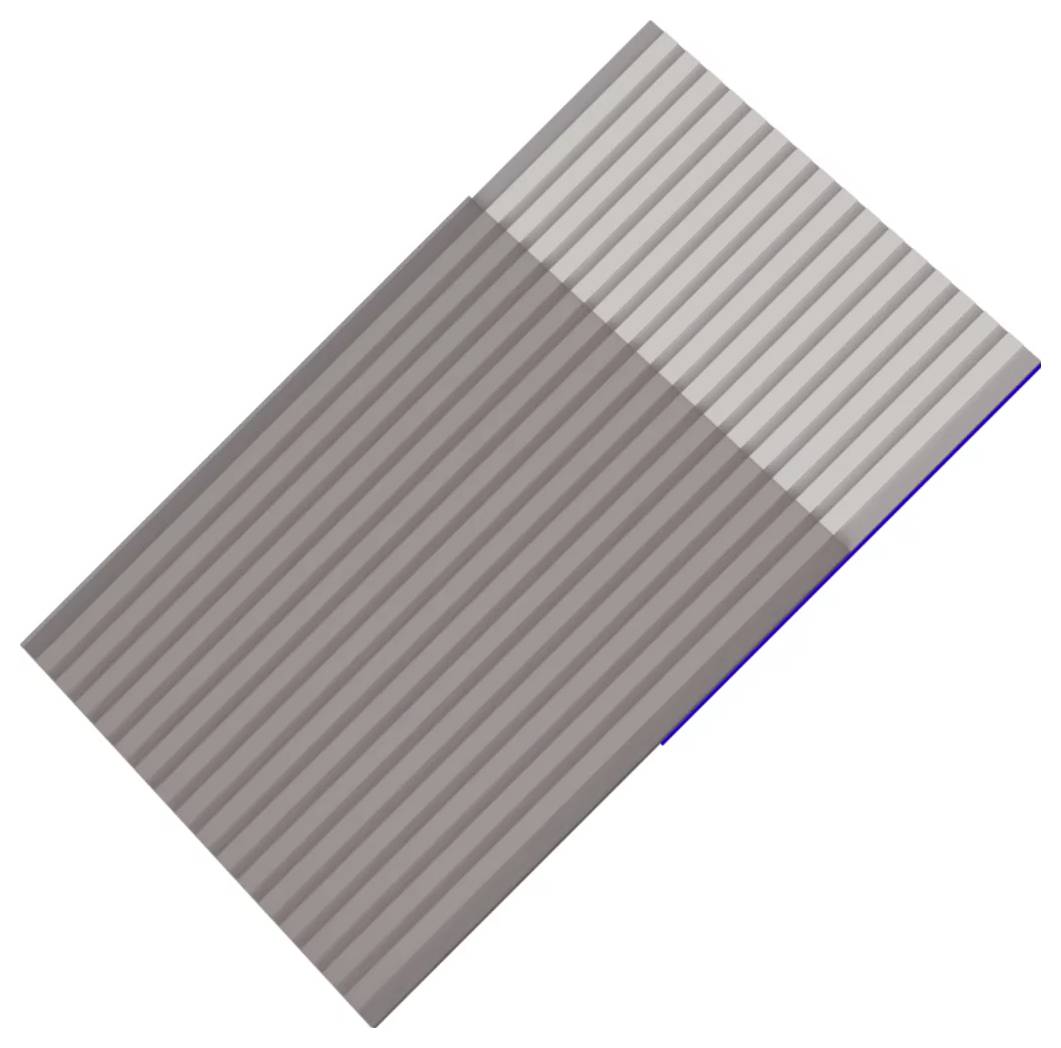 Bovenaanzicht van een vierkant, geribd paneel geroteerd als een diamant, grotendeels bruin met een lichter grijze driehoekige sectie aan één zijde.