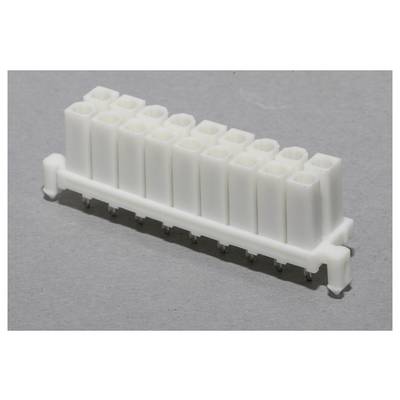 Witte stekkerstrip met meerdere aansluitingen op grijze achtergrond, toont een rij elektrische aansluitklemmen.