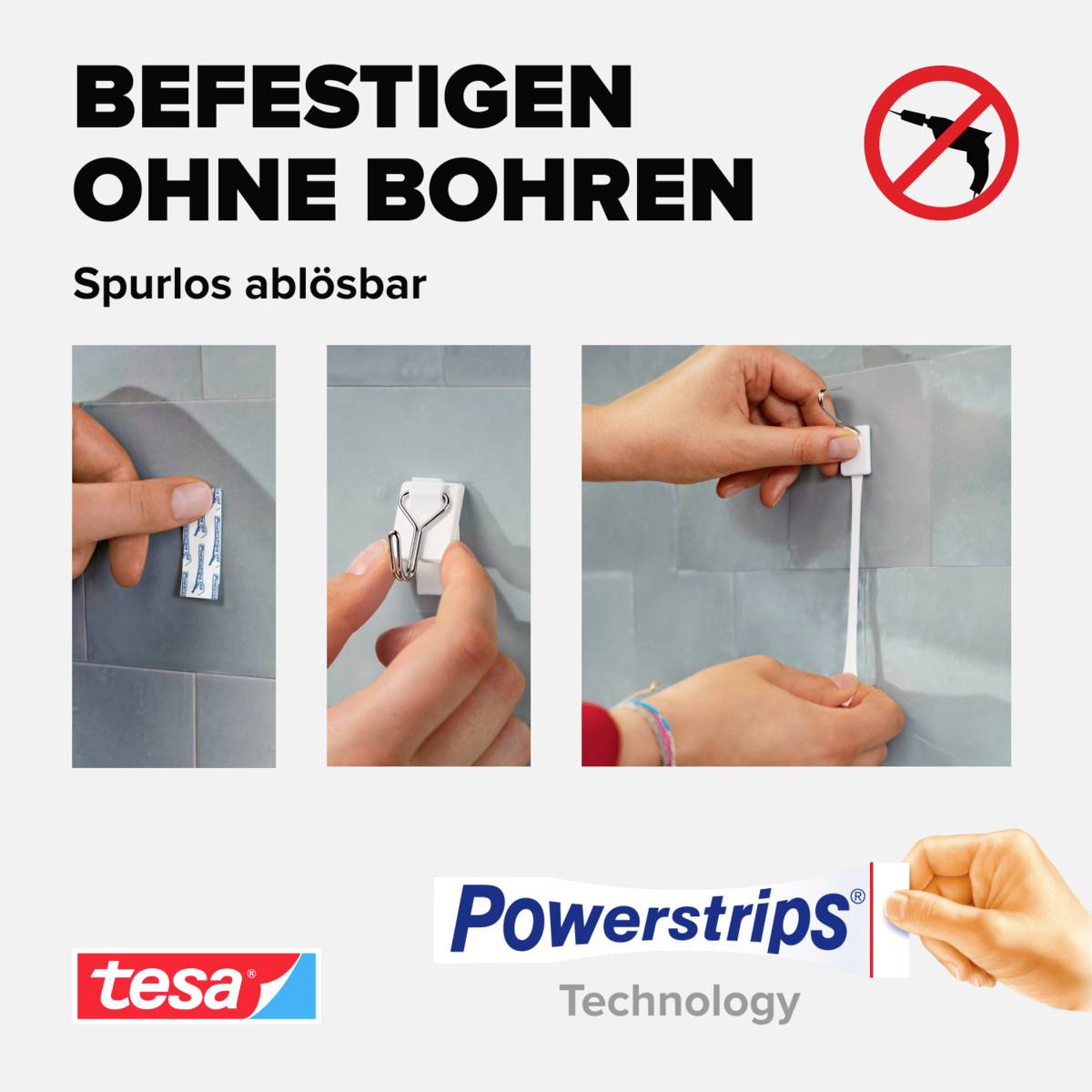 'Bevestigen zonder boren': Drie afbeeldingen tonen handen die Powerstrips op tegels aanbrengen. Geen boorstuk-symbool. Tesa-logo links onderaan.