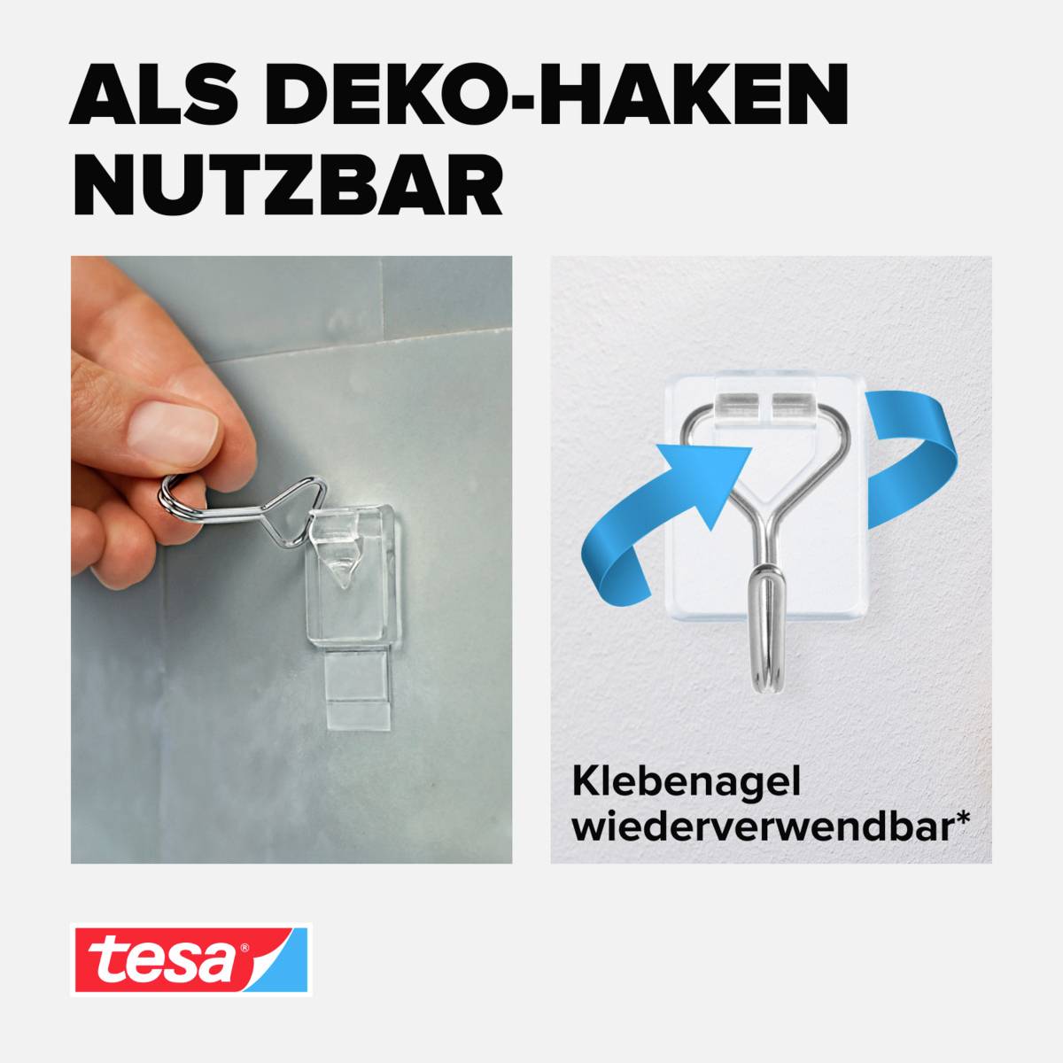 'Herbruikbare kleefnagel' toont een toepassing van een kleefhaak aan een muur. Links: De haak op een tegel. Rechts: Haak verwijderbaar van de muur.