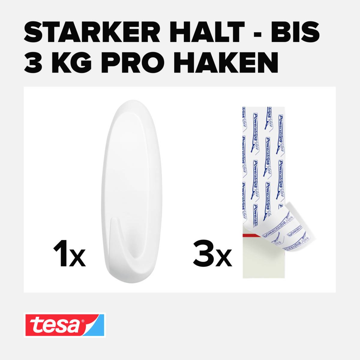 'Sterke houdbaarheid - tot 3 kg per haak'. Afbeelding van een witte haak en drie plakstrips van tesa, daaronder het tesa-logo.