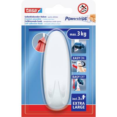 Verpakking van tesa Powerstrips, toont zelfklevende haak voor max. 3 kg. Bevat 3 haken, snel aan te brengen en te verwijderen.