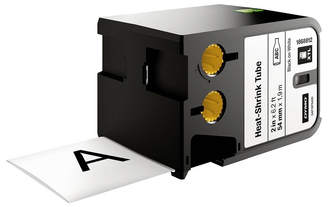 Zwarte printercartridge met wit etiket; opschrift: 'Krimpkous 24mm x 1,9m', voor labelapparaat; zichtbare papierstrook.