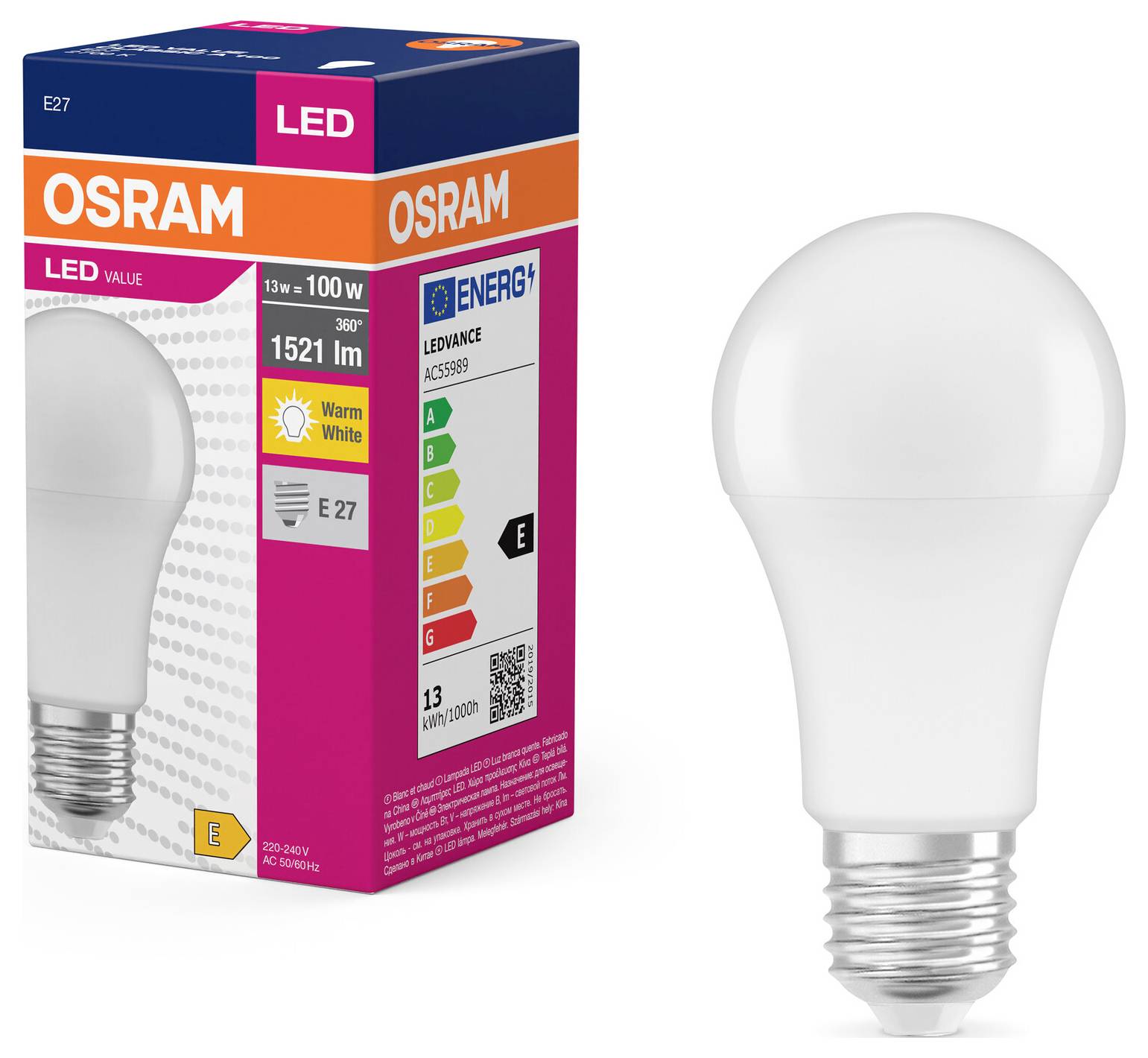 LED-lamp van Osram naast zijn verpakking. Verpakking toont '13 W = 100 W', '1521 lm', Energie-efficiëntieklasse E.