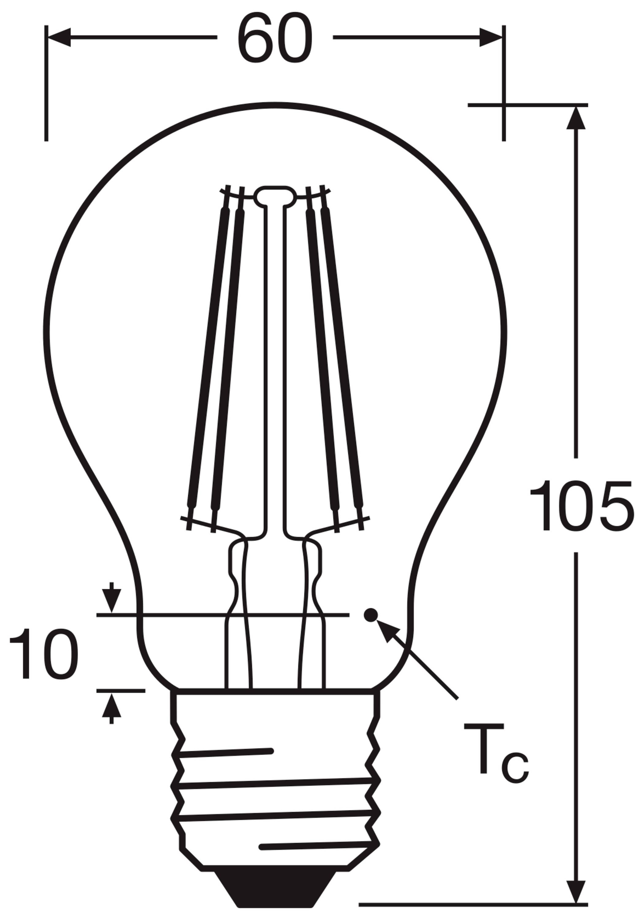 Diagram van een gloeilamp met afmetingen: Hoogte 105 mm, Breedte 60 mm, Afstand tot fitting 10 mm, gemarkeerd met 'Tc'.