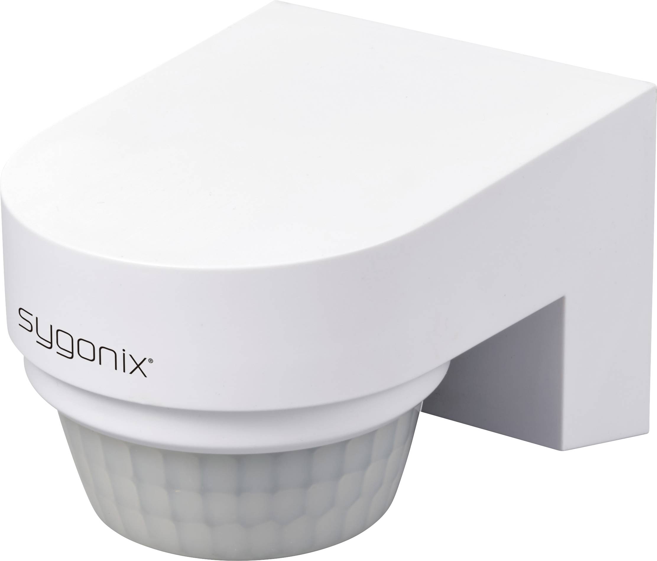 Een witte, wandgemonteerde bewegingsmelder van 'sygonix' voor beveiligings- of verlichtingsdoeleinden.