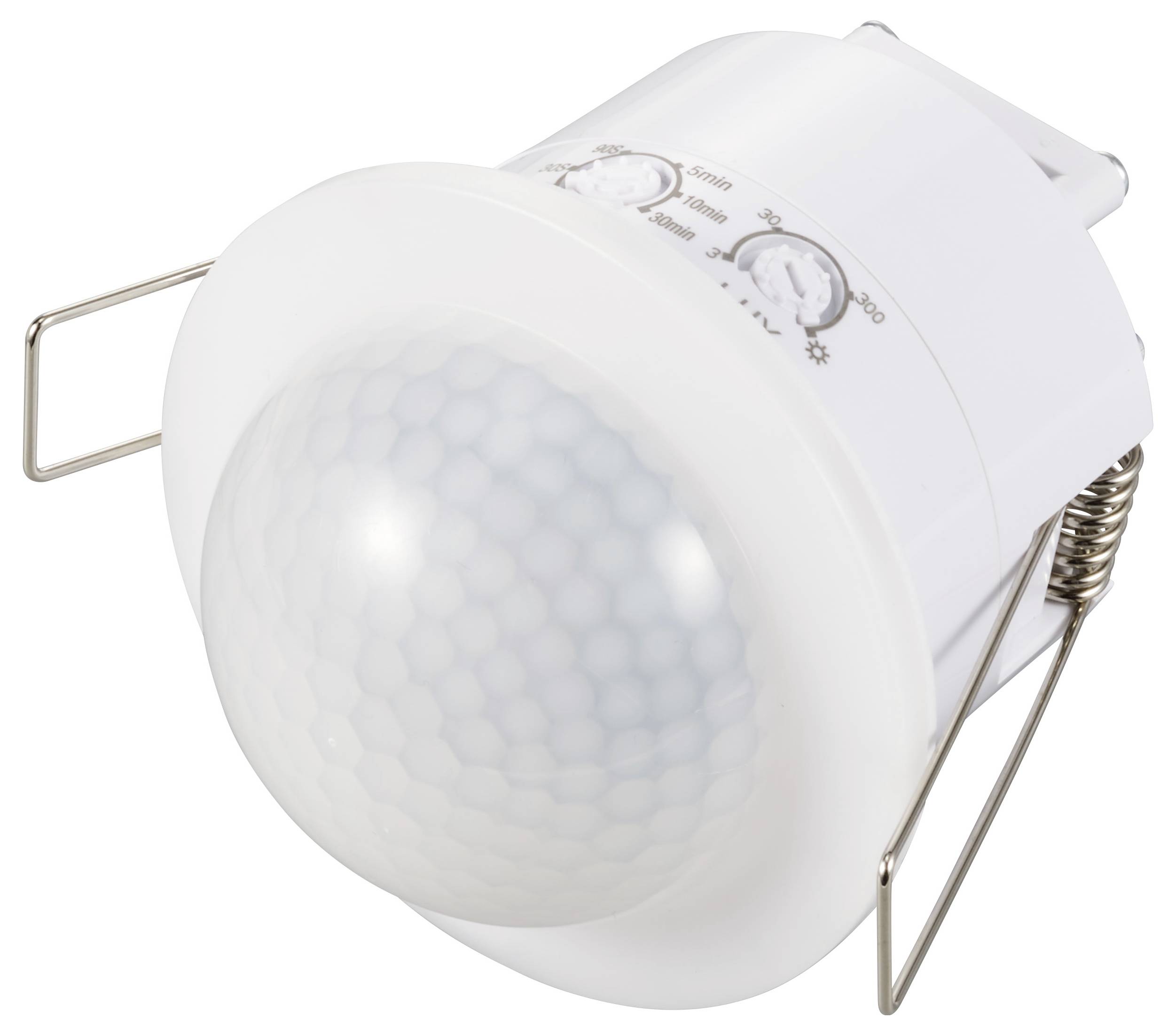 Bewegingsmelder in een wit behuizing met twee metalen clips aan de zijkanten. De bovenkant toont instellingsmogelijkheden voor licht en tijd.