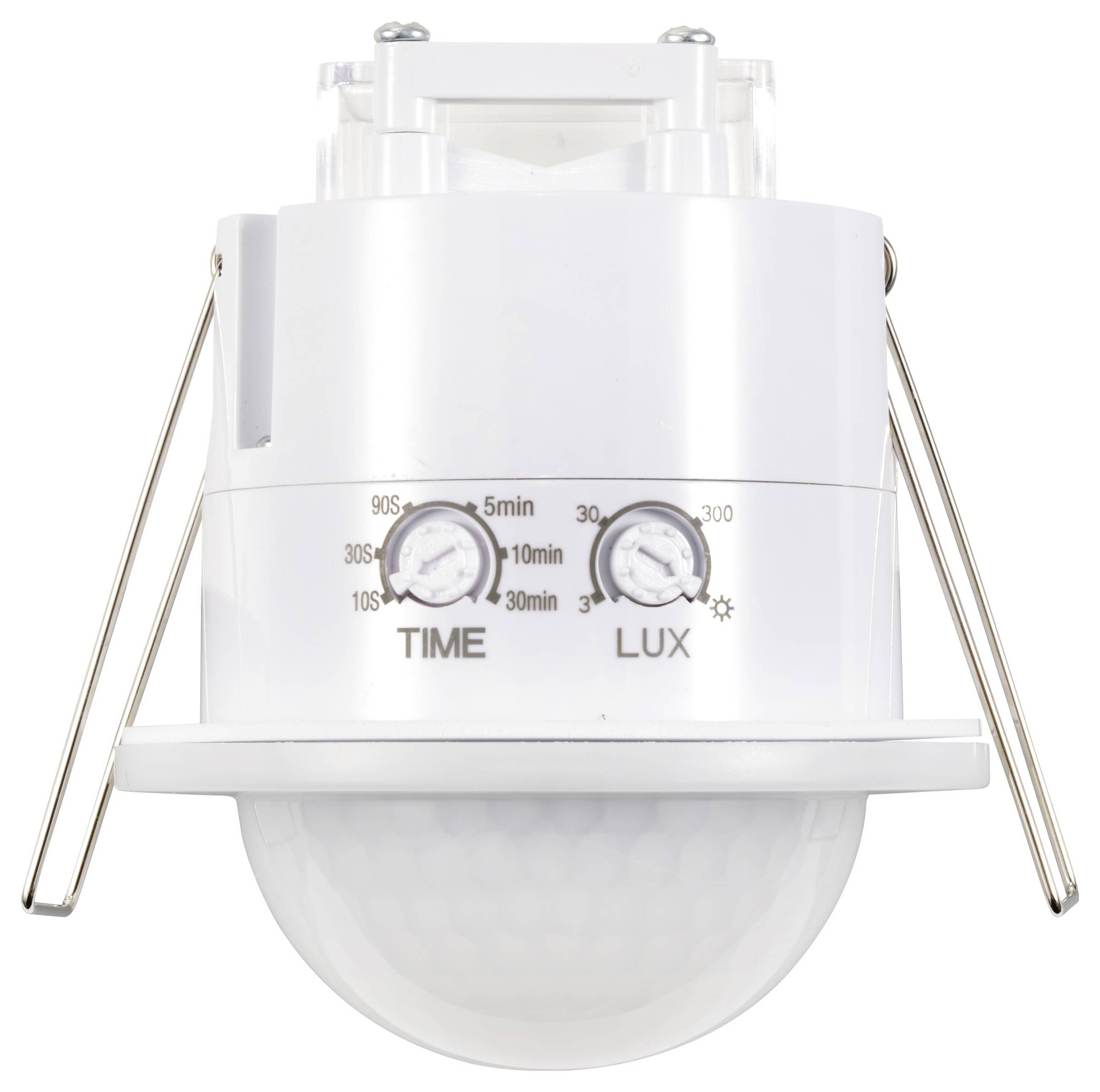 Bewegingsmelder in wit, met twee regelaars voor het instellen van tijd ('TIME') en helderheid ('LUX'), voor plafondmontage.