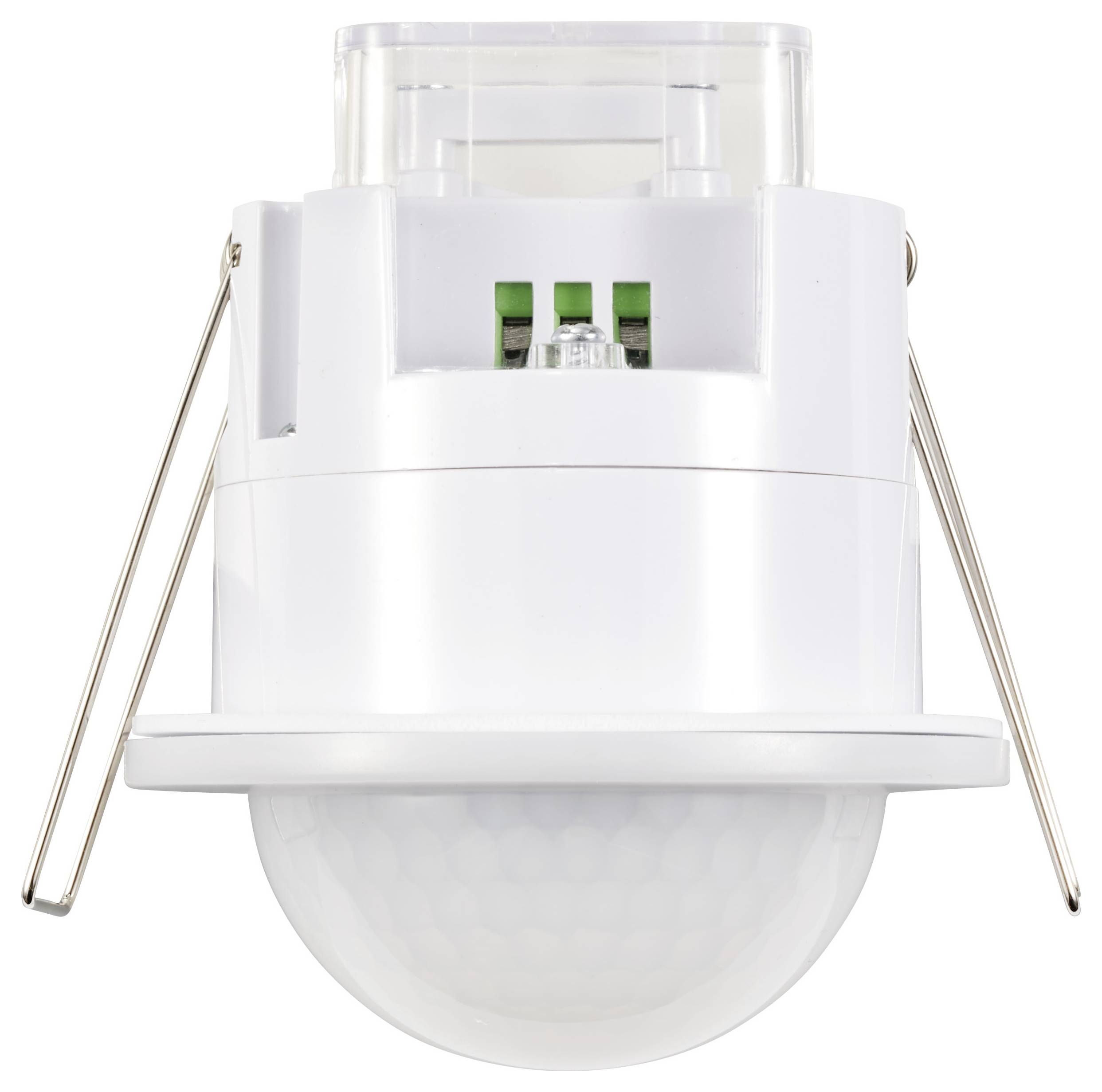 Een witte bewegingsdetector met een ronde koepel en metalen beugels voor plafondmontage. Hij beschikt over aansluitklemmen bovenaan.
