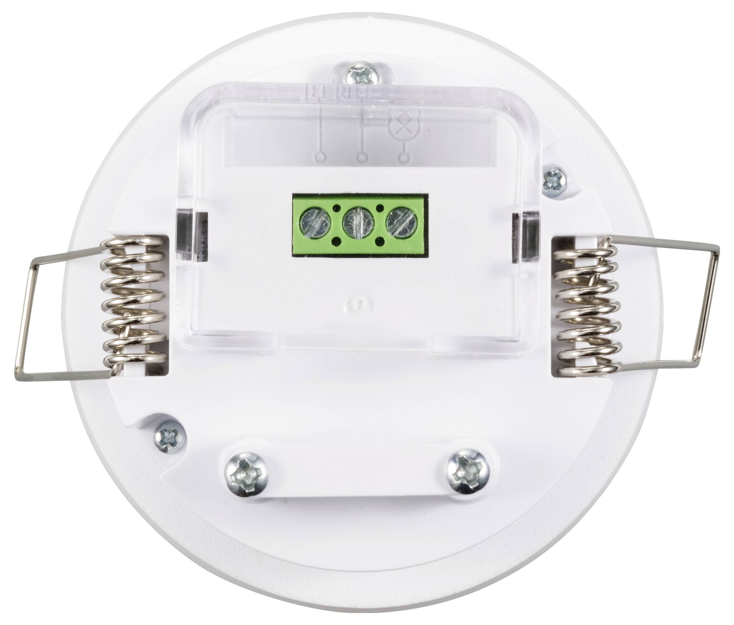 Ronde, witte plafondhouder met metalen veren en groene aansluitklemmen, vermoedelijk bedoeld voor de bevestiging van een rookmelder of sensor.