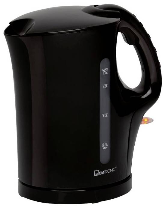 'Zwarte waterkoker met kijkvenster toont waterstandsindicator, maximale waterinhoud 1,7 liter. Markering voor minimale stand bij 0,5 liter.'