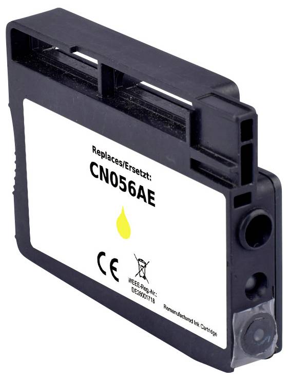 Zwarte inktcartridge geëtiketteerd met 'Vervangt CN056AE', voorzien van een geel druppelsymbool, CE-markering en fabricagegegevens op het etiket.
