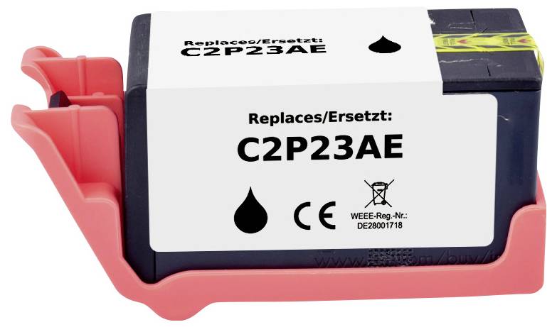 Zwarte inktcartridge geëtiketteerd met 'Replaces/Ersetzt: C2P23AE', geplaatst in een rode houder.