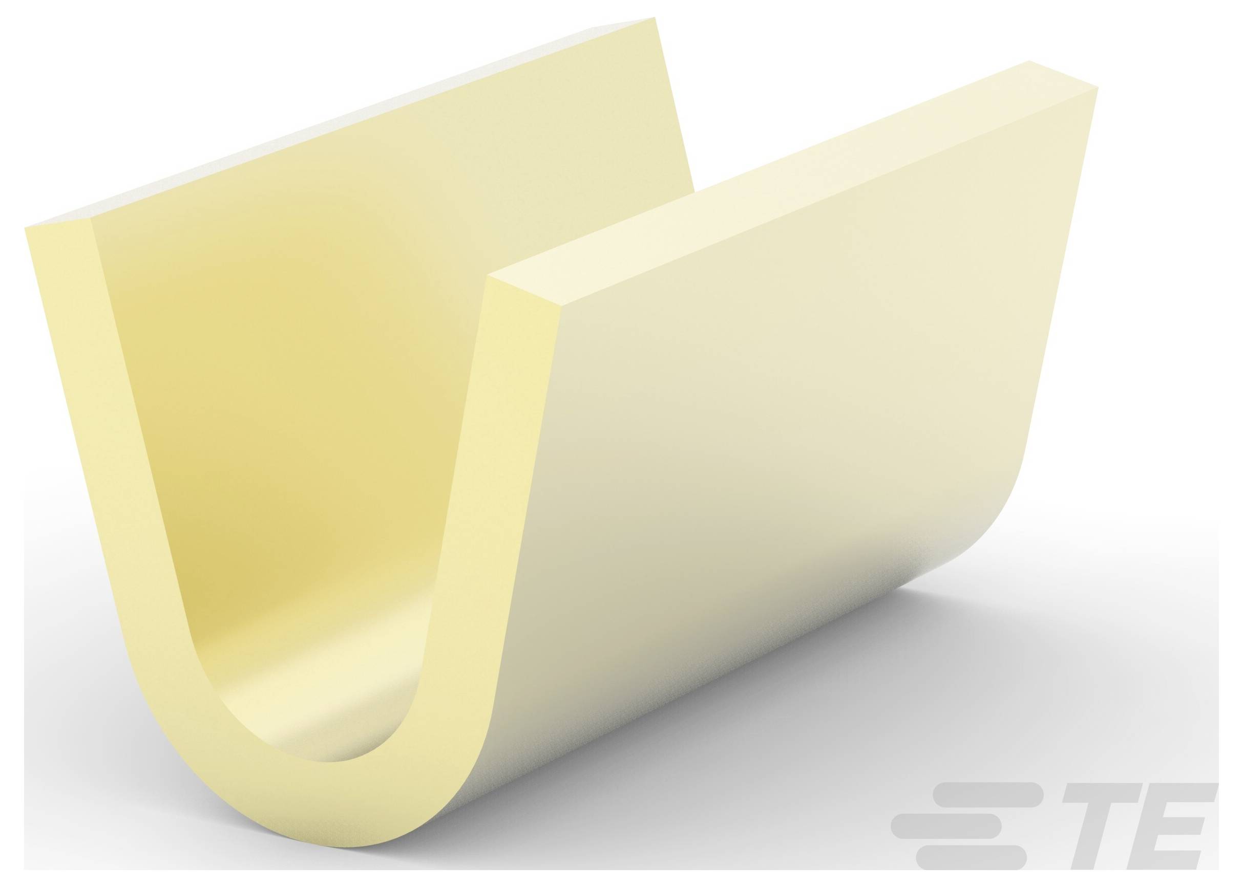 'U'-vormig beige schuim- of rubberen kanaal, waarschijnlijk gebruikt voor isolatie- of afdichtingsdoeleinden. Logo in hoek gemarkeerd met 'TE'.