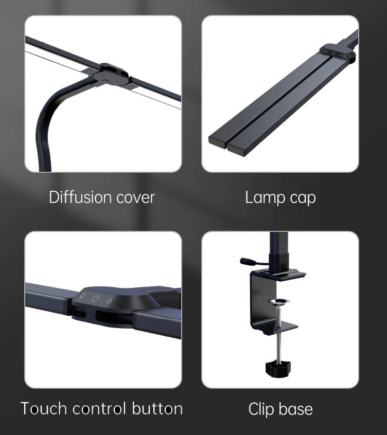 'Afbeelding toont vier close-ups van een bureaulamp-ontwerp: diffusorafdekking, lampenkop, aanraakbedieningstoets, klemvoet.'