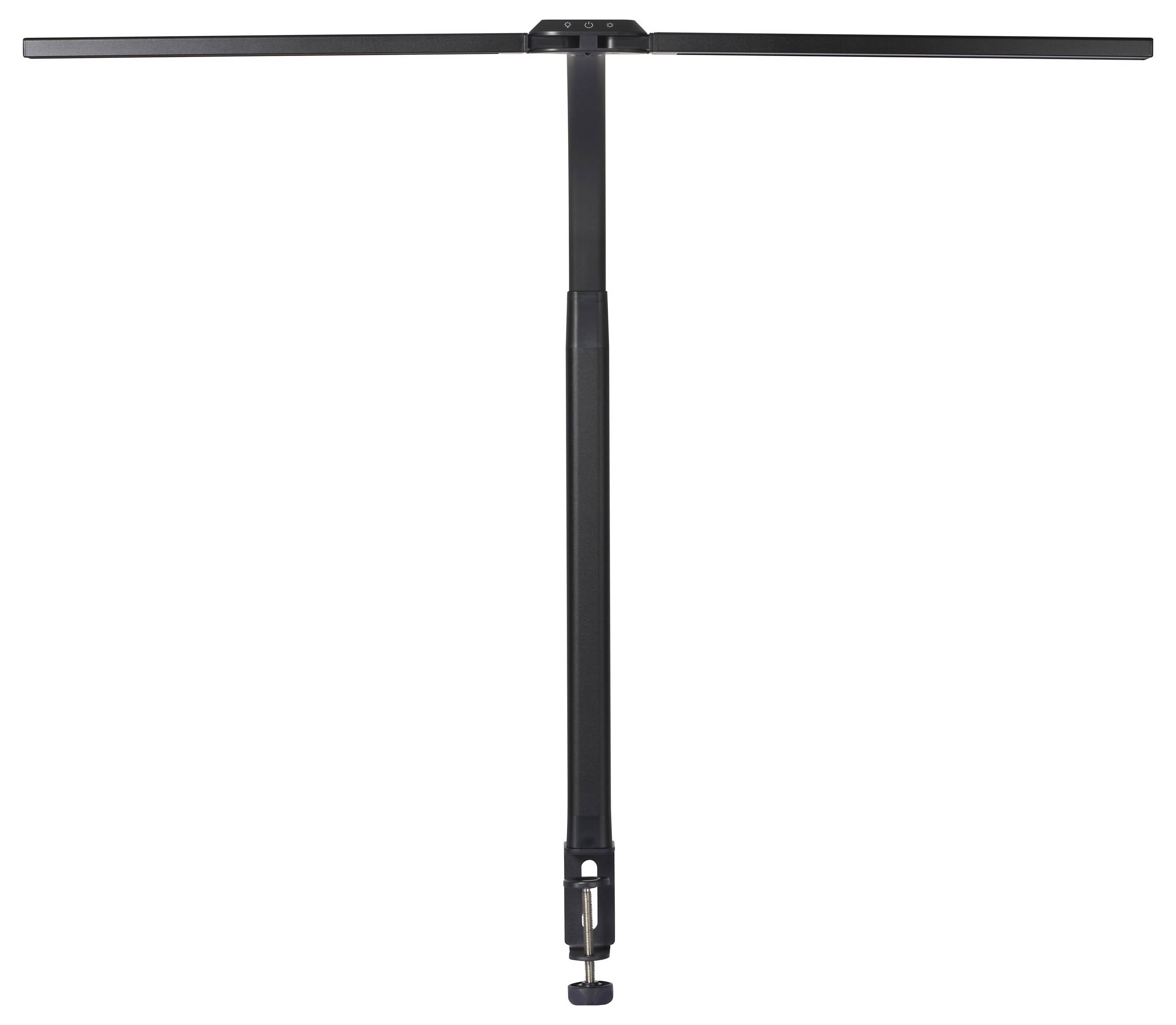 Een zwart T-microfoonstatief met uitvouwbare armen, geschikt voor studiomicrofoons, tegen een witte achtergrond.