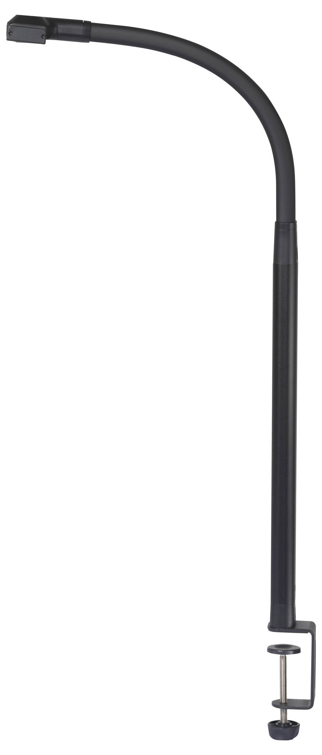 Een zwarte, gebogen lamparm met tafelbevestigingsklem. Ideaal voor flexibele positionering van verlichting op bureaus.