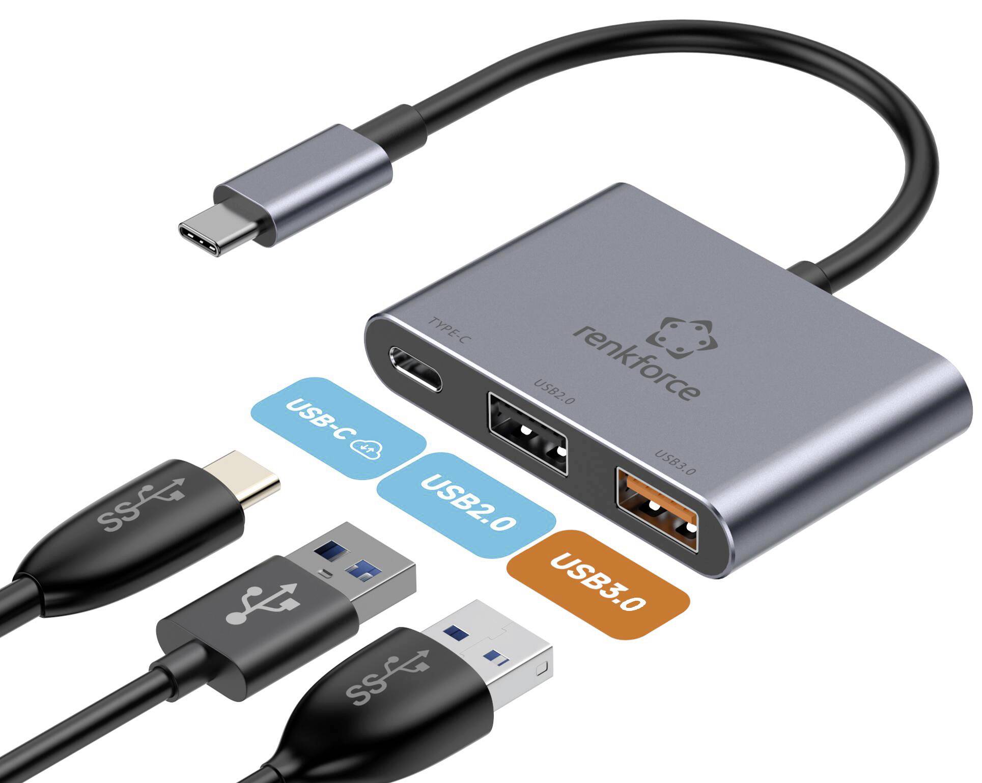 Adapter met USB-C-aansluiting en drie USB-poorten: USB-C, USB 2.0, USB 3.0. Compatibel met verschillende kabeltypen en apparaten.